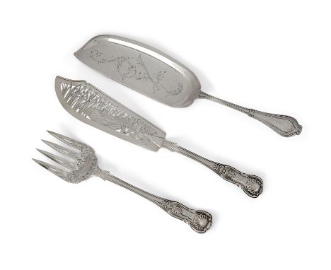 A pair of Victorian silver fish servers, London, 1856, Chawner &amp; Co., the blades and tines attractively pierced and chase