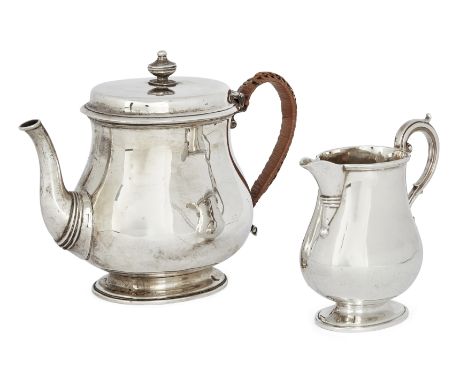 A George V silver teapot with woven wicker handle and matching milk jug, London, 1918, Goldsmiths & Silversmiths Co., of plai