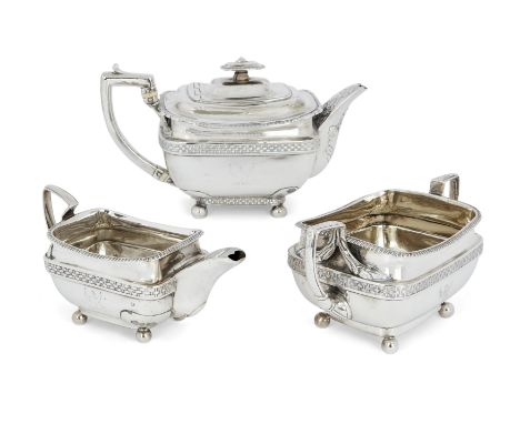 A George III silver three piece tea set, London, 1809, Daniel Pontifex, designed with decorative trellis weave banding to bod