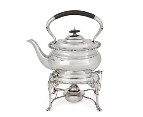 A George V silver tea kettle on stand, Sheffield, 1928, Harrison Brothers &amp; Howson, with an unmarked burner, the tea kett