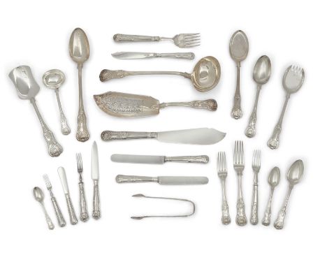 A harlequin set of King’s pattern flatware, various dates and makers, mainly monogrammed, the set comprising: 12 fish knives;