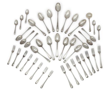 A harlequin group of Georgian feather edge silver flatware, comprising: 6 dessert spoons (dates 1807 - 1820); 13 table spoons