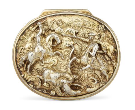 A George IV silver gilt snuff box by Edward Farrell, London, 1824, of oval form, the hinged lid decorated in high relief with