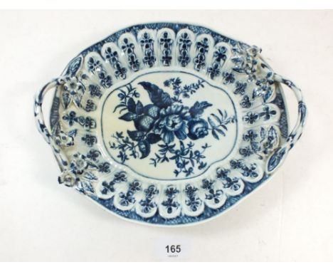 An 18th century Worcester blue and white serving dish with floral encrusted handles, painted pomegranate pattern, 26 x 21cm, 