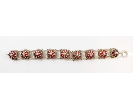 A silver gilt and red enamel bracelet with domed circular links, probably Norwegian 