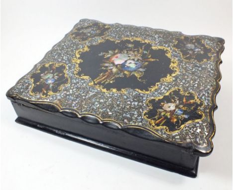A Victorian papier mache and mother of pearl writing slope. 33cm wide