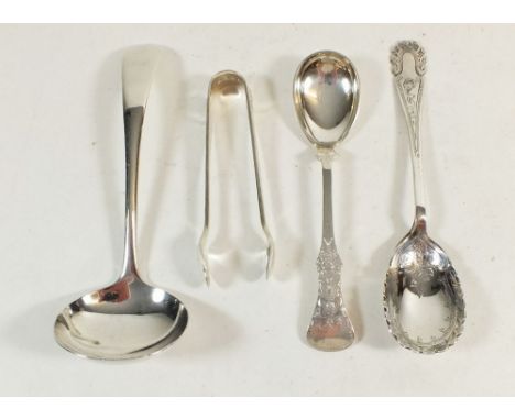 A silver sauce ladle Sheffield 1931 by James Dixon, silver sugar tongs, a continental silver preserve spoon and a silver plat