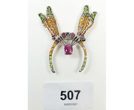 A plique-a-jour enamel and marcasite silver insect brooch 