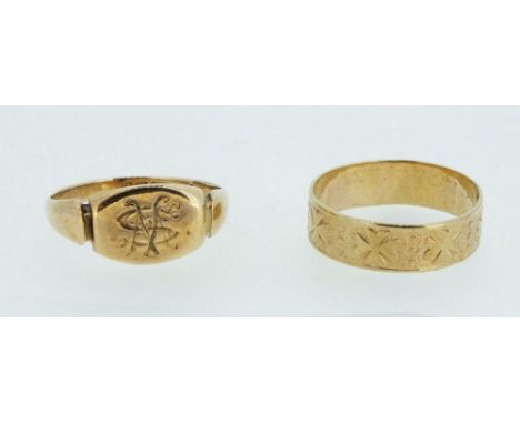 A 9ct gold engraved wedding band, size L/M, 1.5g and a 9ct gold signet ring 2.2g, size L/M, 