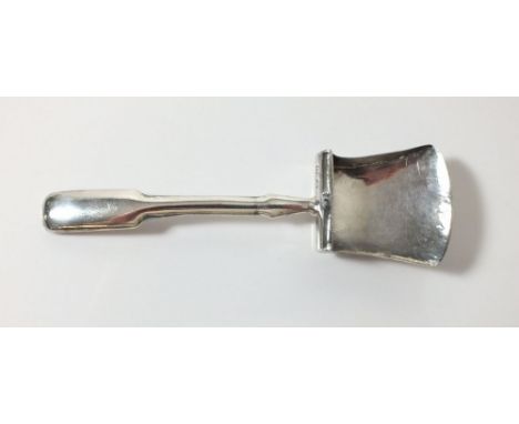 A silver fiddle handled silver caddy spoon with shovel form bowl, Birmingham 1813, by William Pugh 