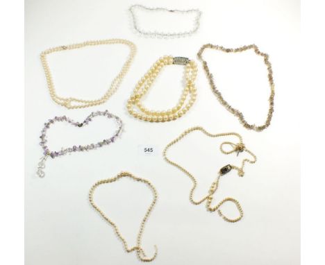 Three vintage crystal necklaces, one pair of earrings and two simulated pearl necklaces 
