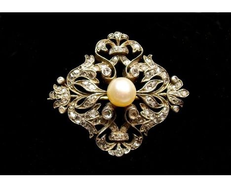 A 19th gold brooch set diamonds and central pearl, unmarked, 6.1g, 3cm sq 
