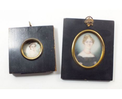 A 19th century watercolour on ivory miniature portrait of a woman, 7 x 5.5cm in ebony frame and another small watercolour min