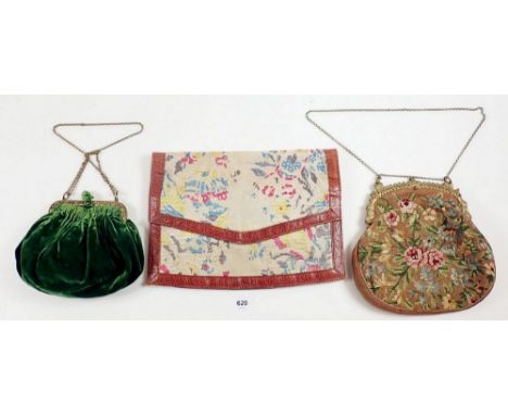 An embroidered evening bag, floral tapestry bag and a green velvet bag 