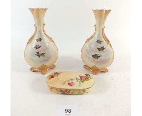 A pair of Locke &amp; Co. Worcester porcelain vases decorated with birds, together with a Worcester blush ivory pin dish deco