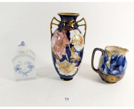 A Royal Doulton 'Faience' jug, an Art Nouveau vase painted roses 20cm tall, a blue and white porcelain tea caddy and a Dresde