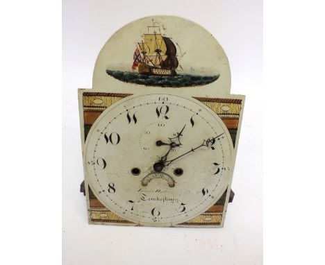 A late 18th century oak longcase clock, the swan neck pediment over arch top dial painted sailing ship with seconds dial and 