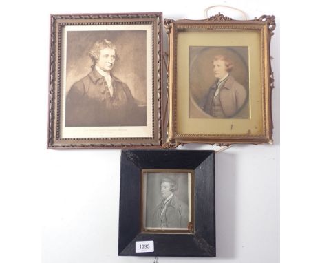 An 18th century watercolour portrait of Edmund Burke - 16 x 13.5cm plus an engraving and a print of the same