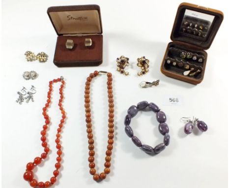 Two orange stone necklaces, stone earrings, ceramic bracelet, box of earrings, cufflinks etc 