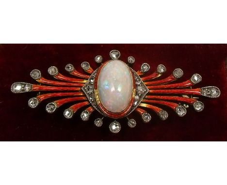 An Art Deco gold brooch set central opal within red enamel and diamond set graduated tendrils (unmarked) boxed. Overall size 