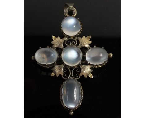 A Victorian silver Arts &amp; Crafts brooch/pendant set moonstones, 5 x 3.5cm 