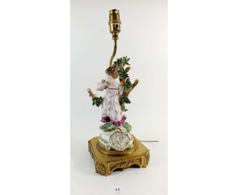 A Spanish porcelain table lamp in form of a girl with bocage on gilt metal base, total height, 42cm, maker CH 