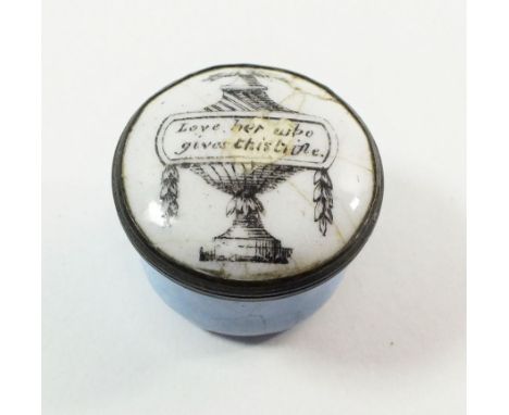 A late 18th century small enamel patch box decorated urn, inscribed 'Love her who gives thes trifle', 2cm diameter