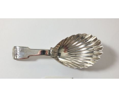 A silver caddy spoon with shell bowl and fiddle pattern handle, London 1812, by Josiah Snatt 