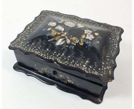 A Victorian papier mache box with mother of pearl floral inlay, a/f