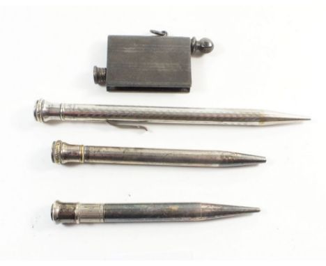 Three silver plated propelling pencils and a small book form pen/lighter combination 