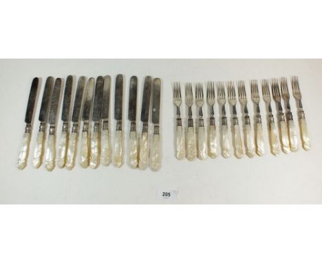 A set of 12 Edwardian silver plated and mother of pearl handled knives and forks 