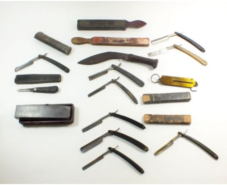 A box of cut throat razors, Salter scales, kukri a/f and penknife 