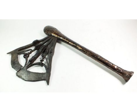 An African Congo Nzappa Zap or Kilonda axe with copper clad handle and iron work head decorated masks, 44 x 27cm 