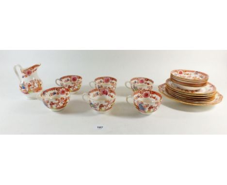 A Victorian early 19th century Chinoiserie tea service, to include 6 cups, 6 saucers, 6 tea plates and a milk jug 