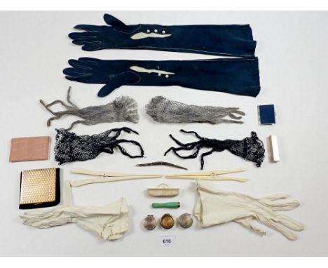 A box of vanity collectables including Patrys compact, lipstick, glove stretchers and evening gloves etc 