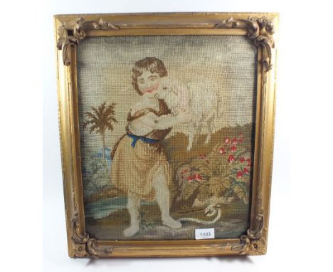 A 19th century tapestry of a boy and lamb in landscape, 38 x 33cm