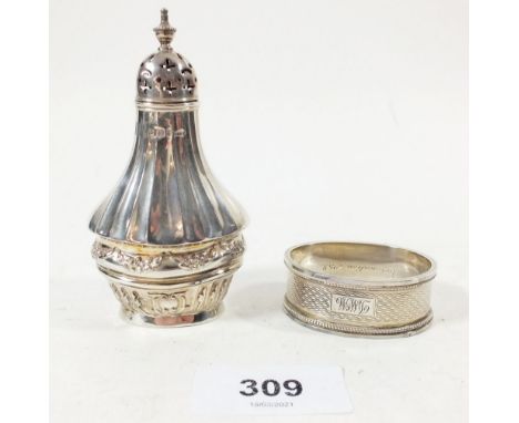 A silver fluted and embossed pepper pot Sheffield 1911 by Walker &amp; Hall and an oval silver napkin ring, 56g 