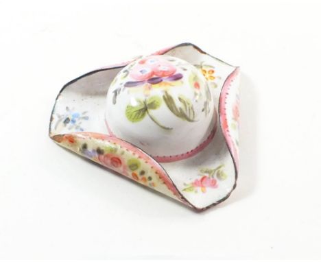 A French early 19th century enamel novelty hat form pill box, painted flowers and with landscape to lid, lid loose, 5cm