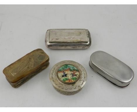 A buffalo horn snuff box, together with three white metal snuff boxes. (4)