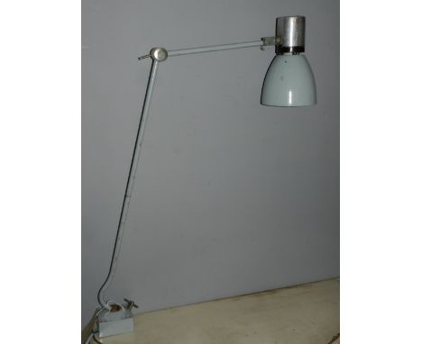 A grey painted industrial machinist lamp, adjustable, L.110cm