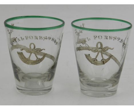 A pair of late 19th / early 20th century drinking glasses, engraved with Royal Foresters and hunting scene.