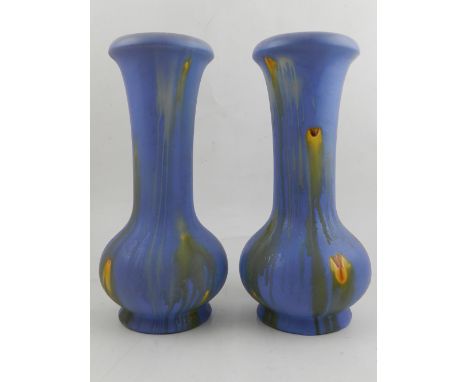 A pair of Belgian Art Nouveau Faiencerie Thulin blue drip glaze ceramic vases, circa 1920s. H.26cm