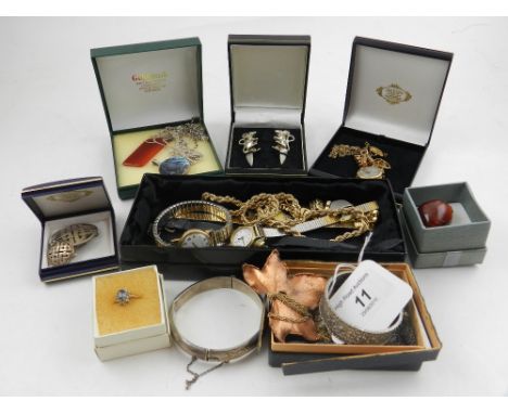 A quantity of silver and white metal jewellery, to include an amber clip, a bangle, seven ladies watches, various necklaces, 