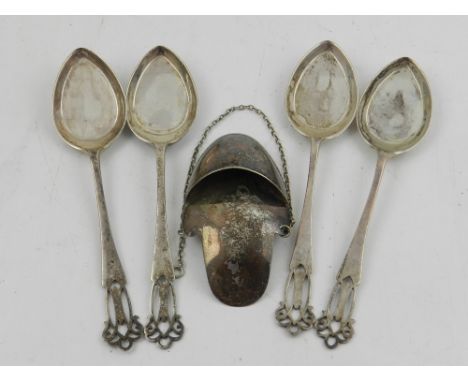 Four silver teaspoons, hallmarked London 1930, and one other white metal item.