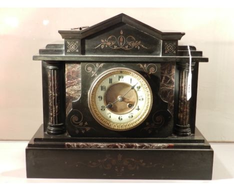 A 19th century marble mantel clock, having eight day cylinder movement, with architectural case and Arabic enamel dial, chimi