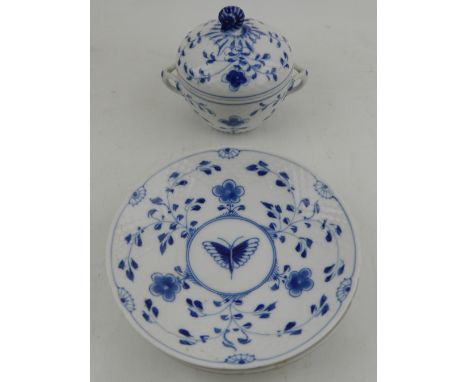 A 20th century Bing & Grondahl blue and white sucrier and three side dishes, decorated with scrolling foliage and butterfly t