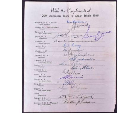 Cricket - 'With the compliments of 20th Australian Team to Great Britain 1948 ' autographed team sheet featuring the signatur