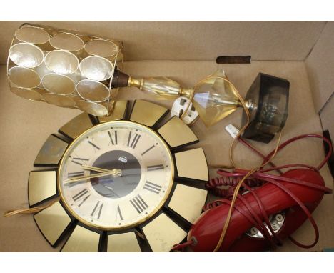 A mixed lot of vintage items including a Smiths Timecal gold wall clock, a table lamp and a red telephone