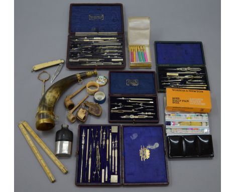 A mixed lot of collectables including engineering sets, horns, meerschaum pipe etc.