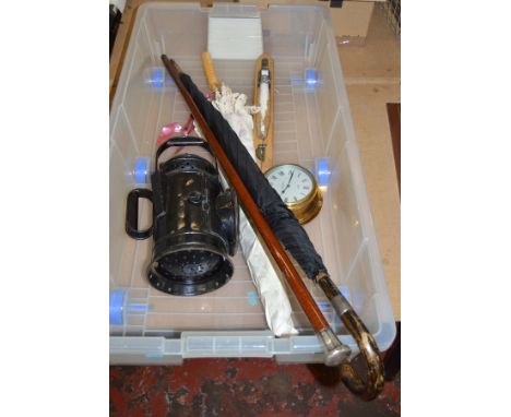 A mixed lot of assorted collectables including a Railway lamp, a silver topped walking stick, umbrella etc.